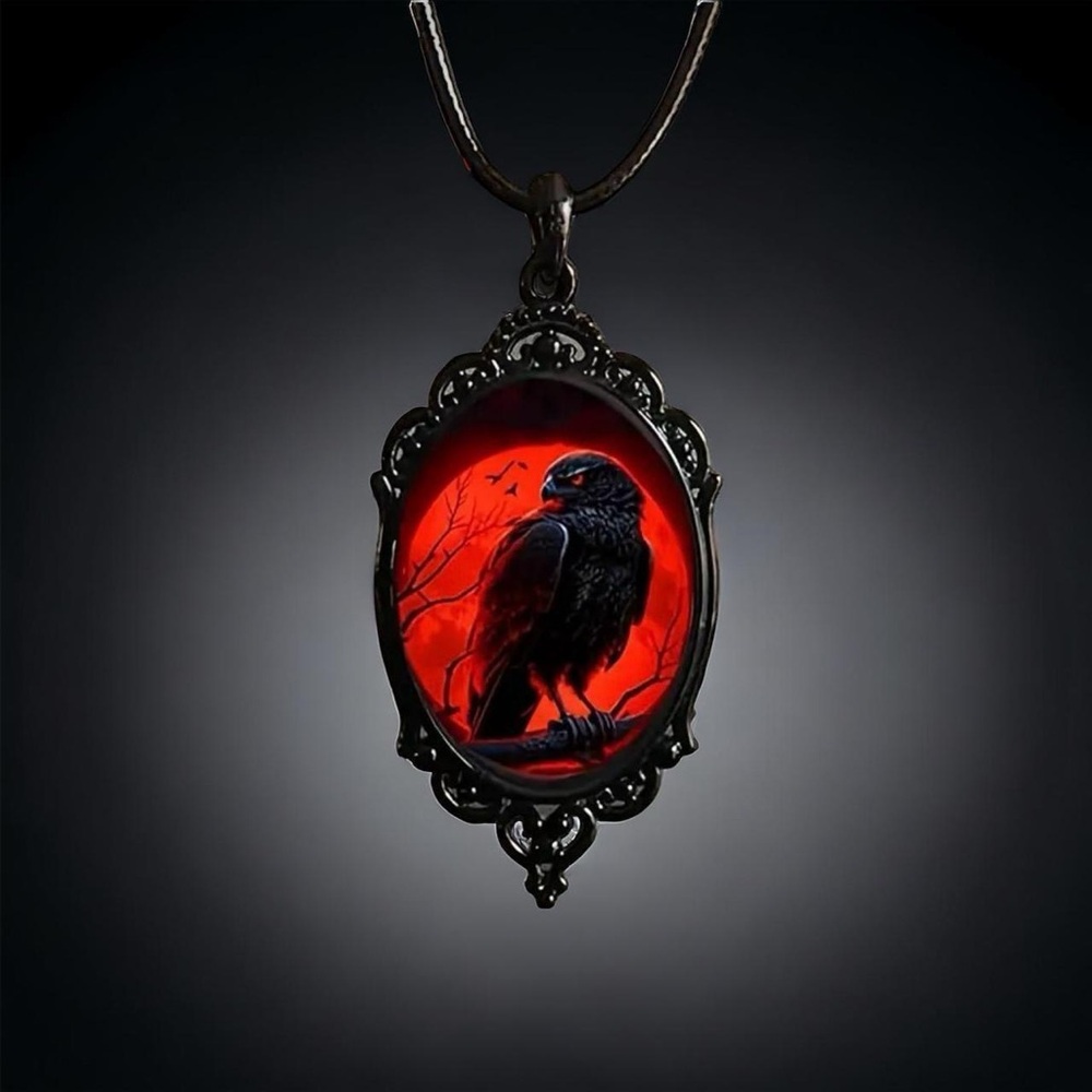 Gothic Crow Red Moon‎ Cameo Style Black Necklace Pendent